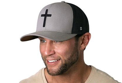 Cross Trucker Hat  |  Gray Black Christian 3D Puff Snapback Haka Hat