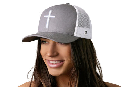 Cross Trucker Hat  |  Gray White Christian 3D Puff Snapback Haka Hat