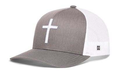 Cross Trucker Hat  |  Gray White Christian 3D Puff Snapback Haka Hat