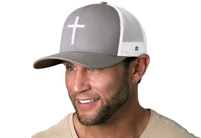 Cross Trucker Hat  |  Gray White Christian 3D Puff Snapback Haka Hat