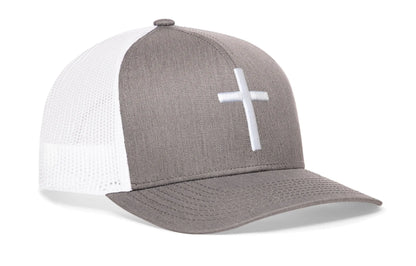 Cross Trucker Hat  |  Gray White Christian 3D Puff Snapback Haka Hat
