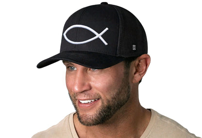 Jesus Fish Trucker Hat  |  Black Ichthys 3D Puff Snapback - Get it from Bo