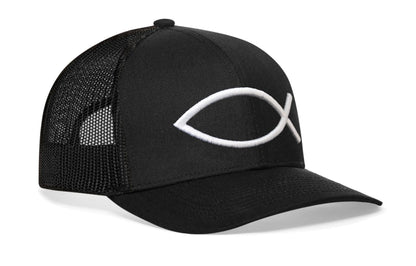 Jesus Fish Trucker Hat  |  Black Ichthys 3D Puff Snapback - Get it from Bo