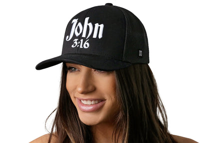 John 3:16 Trucker Hat  |  Black Christian 3D Puff Snapback Haka Hat