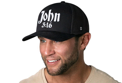 John 3:16 Trucker Hat  |  Black Christian 3D Puff Snapback Haka Hat
