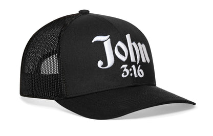 John 3:16 Trucker Hat  |  Black Christian 3D Puff Snapback Haka Hat