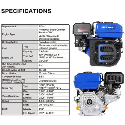 BILT HARD 7HP Gas Engine Horizontal Shaft, 212cc 4 Stroke OHV Industrial Grade Replacement Gas Motor, Shaft 3/4" Bilt Hard