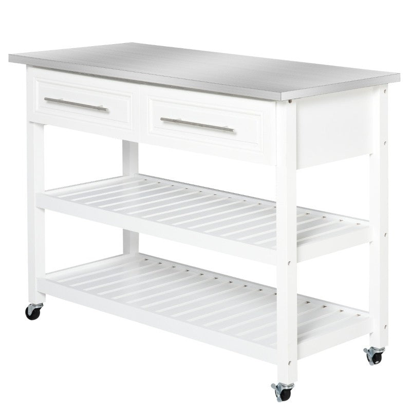 White Rolling Kitchen Island 2 Drawers Storage with Stainless Steel Top HomePacific