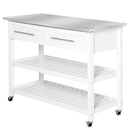 White Rolling Kitchen Island 2 Drawers Storage with Stainless Steel Top HomePacific