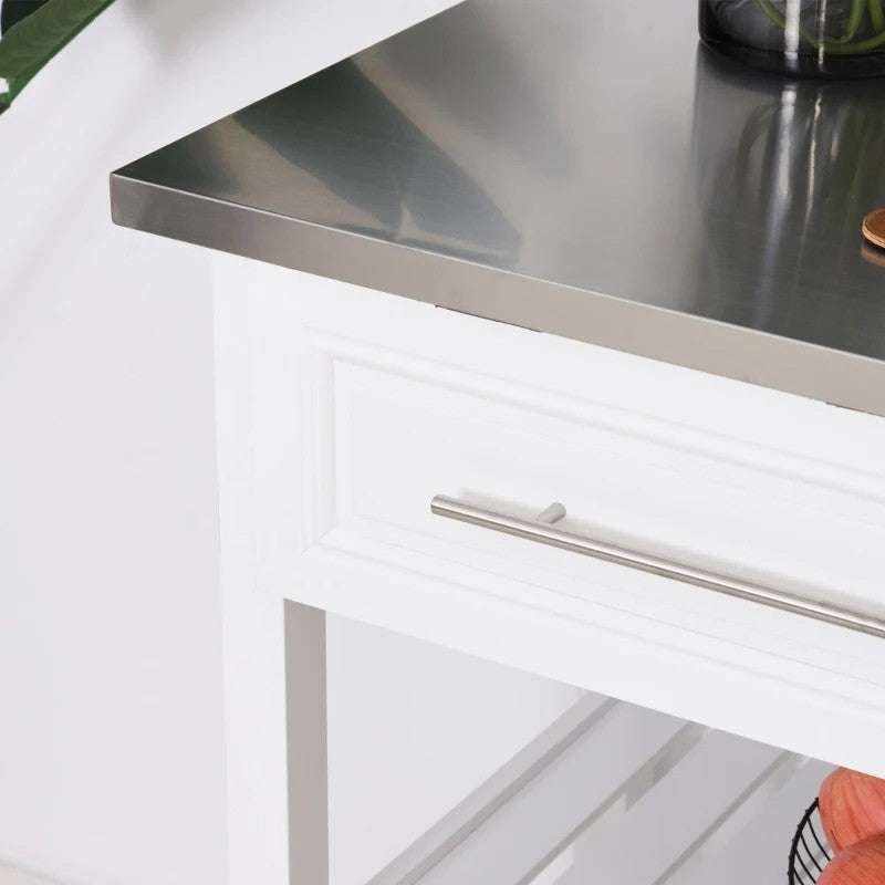 White Rolling Kitchen Island 2 Drawers Storage with Stainless Steel Top HomePacific
