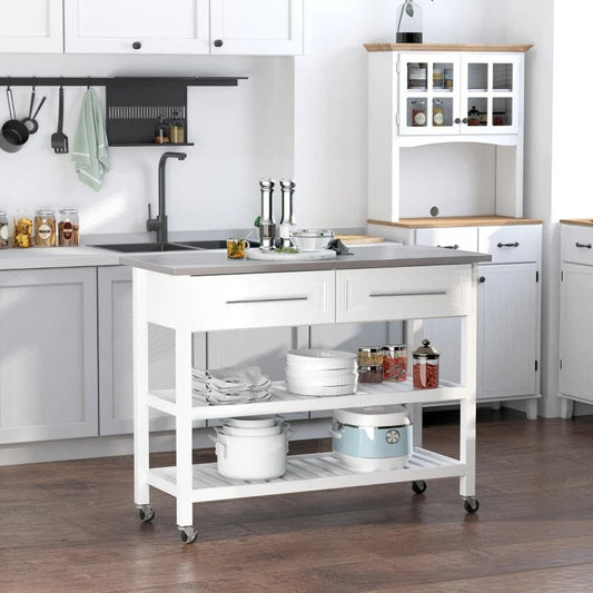 White Rolling Kitchen Island 2 Drawers Storage with Stainless Steel Top HomePacific