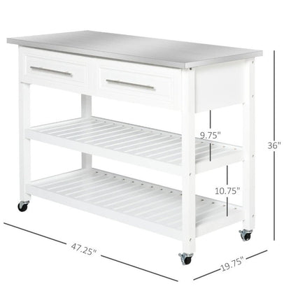 White Rolling Kitchen Island 2 Drawers Storage with Stainless Steel Top HomePacific