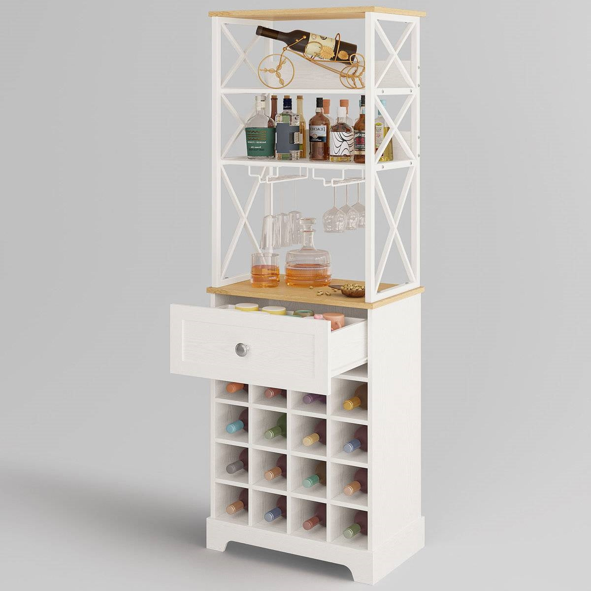 White/Natural Wine Bottle & Glass Rack Cabinet Bar Storage FastFurnishings
