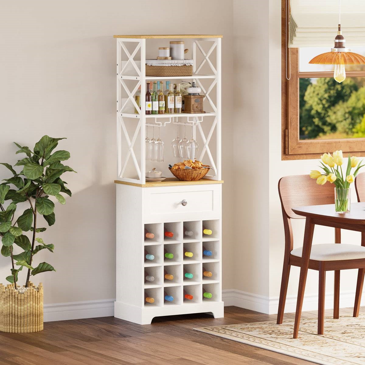 White/Natural Wine Bottle & Glass Rack Cabinet Bar Storage FastFurnishings