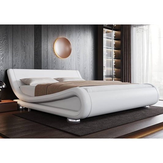 King Modern White Upholstered Platform Bed Frame with Sleigh Curved Headboard FastFurnishings