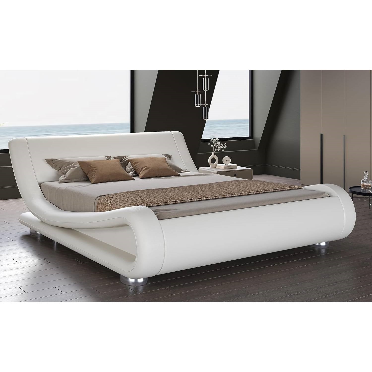 King Modern White Upholstered Platform Bed Frame with Sleigh Curved Headboard FastFurnishings