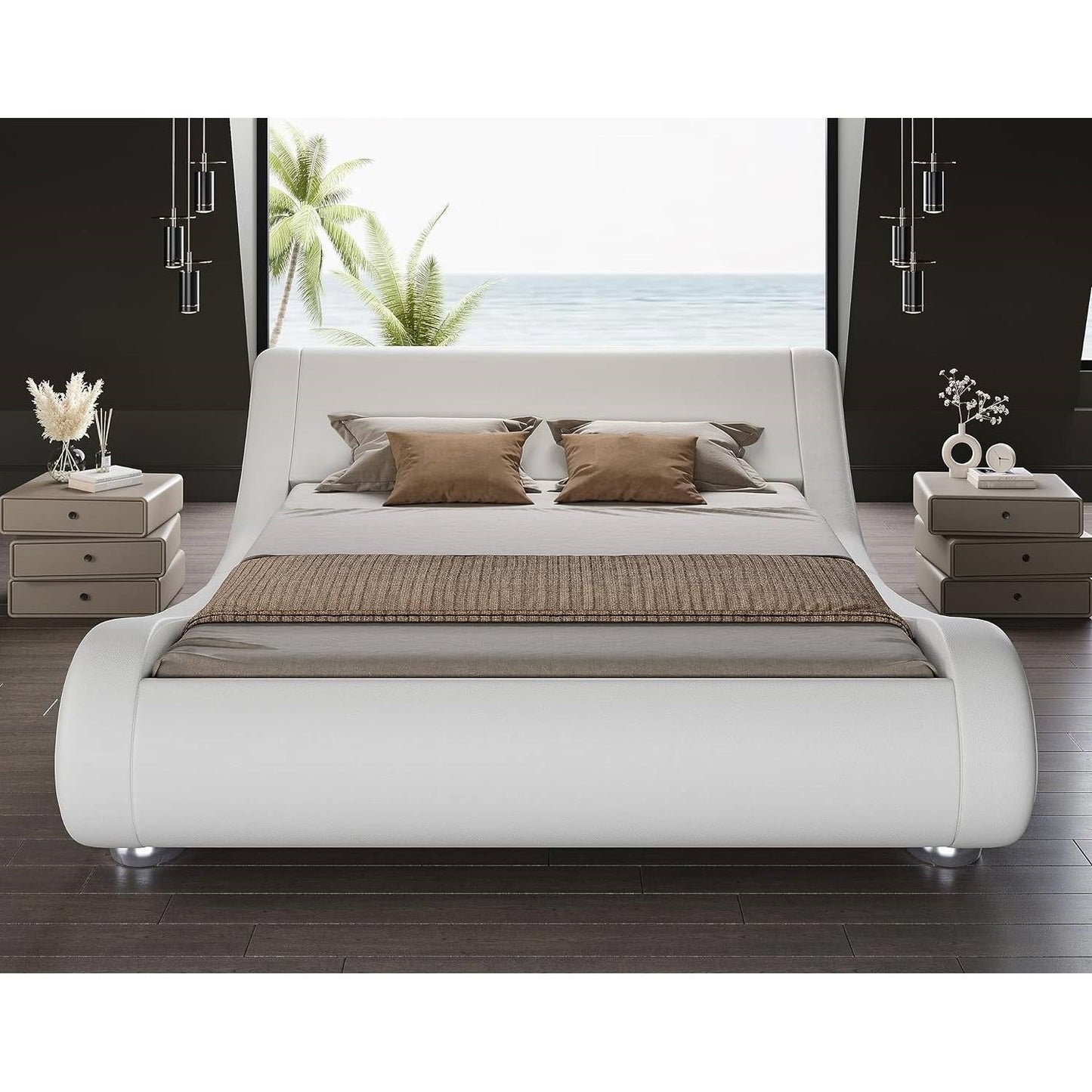 King Modern White Upholstered Platform Bed Frame with Sleigh Curved Headboard FastFurnishings