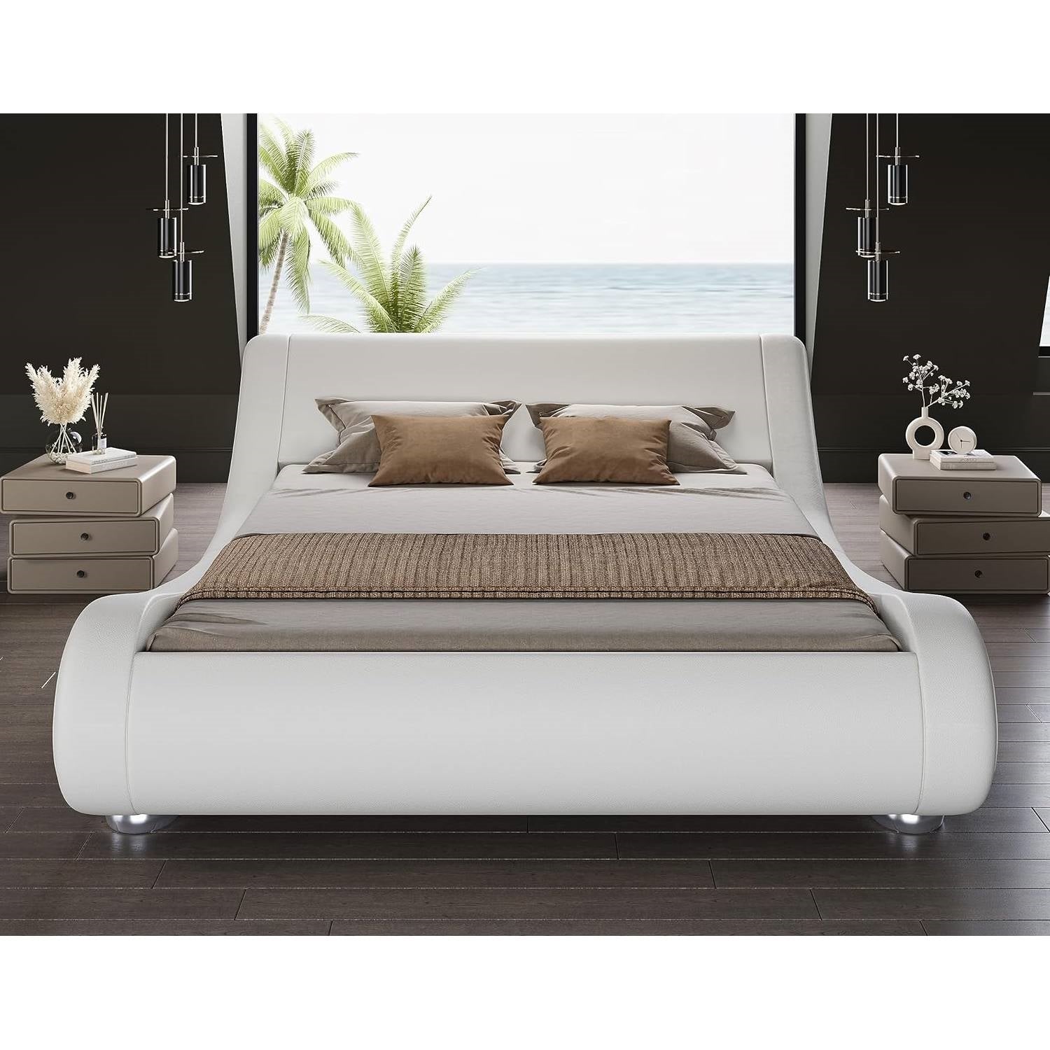 King Modern White Upholstered Platform Bed Frame with Sleigh Curved Headboard FastFurnishings