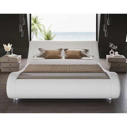 King Modern White Upholstered Platform Bed Frame with Sleigh Curved Headboard FastFurnishings