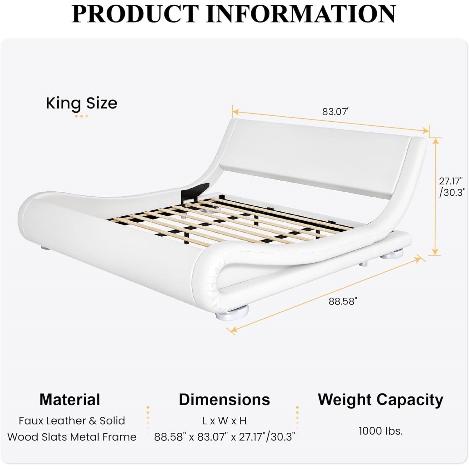 King Modern White Upholstered Platform Bed Frame with Sleigh Curved Headboard FastFurnishings