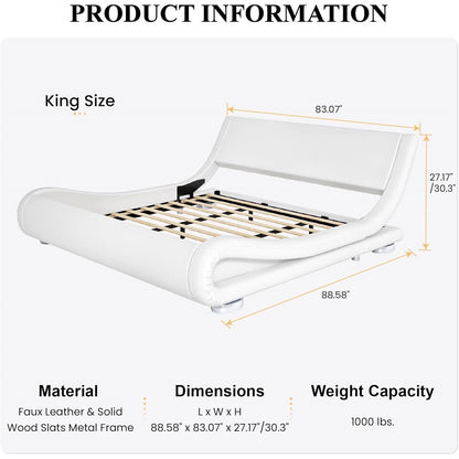 King Modern White Upholstered Platform Bed Frame with Sleigh Curved Headboard FastFurnishings