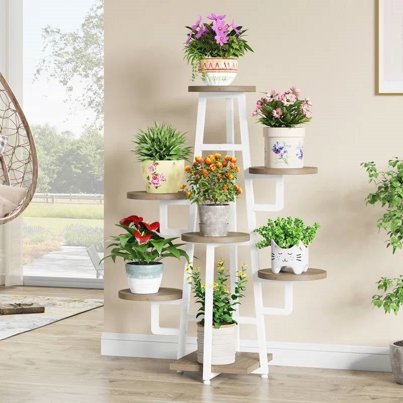 Modern Industrial Indoor Multi-Tier Plant Stand with White Metal Frame FastFurnishings