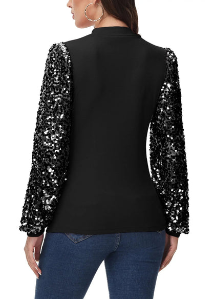 Sequin Balloon Long Sleeve Mock Neck Pullover