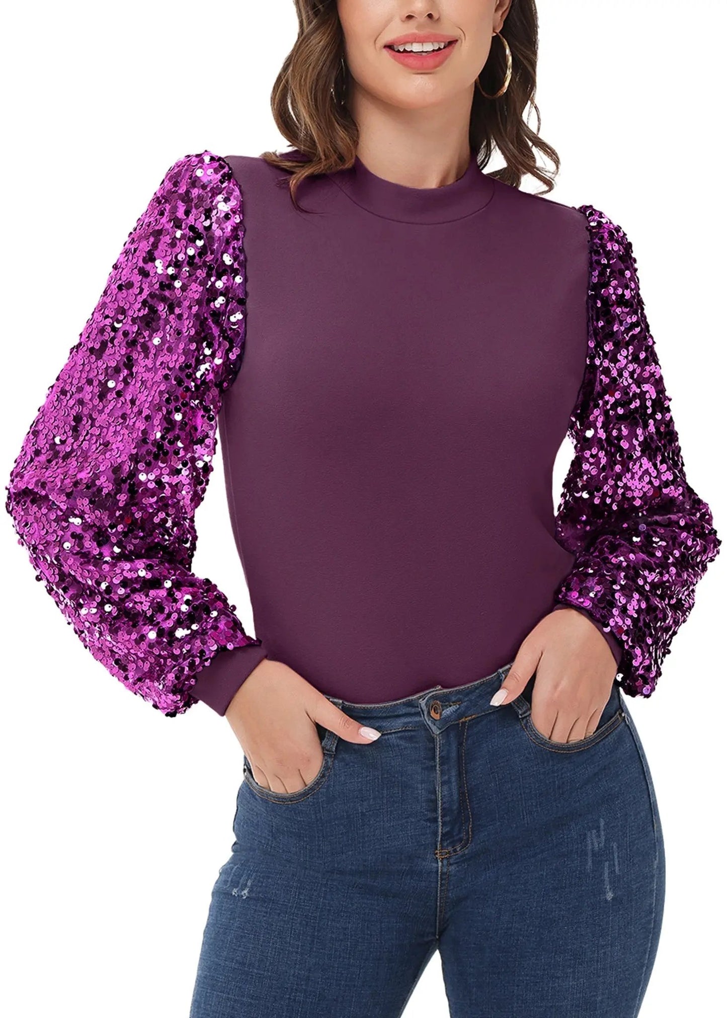 Sequin Balloon Long Sleeve Mock Neck Pullover