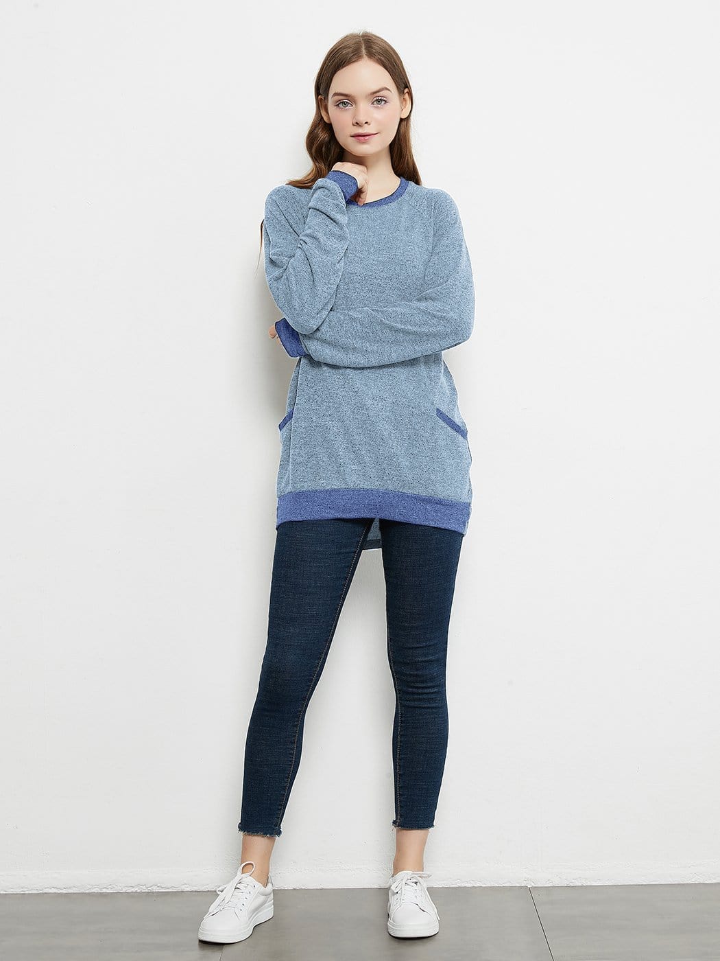 Long Sleeve Round Neck Casual T Shirts Blouses Sweatshirts Tunic Tops with Pocket Anna-Kaci Wholesale