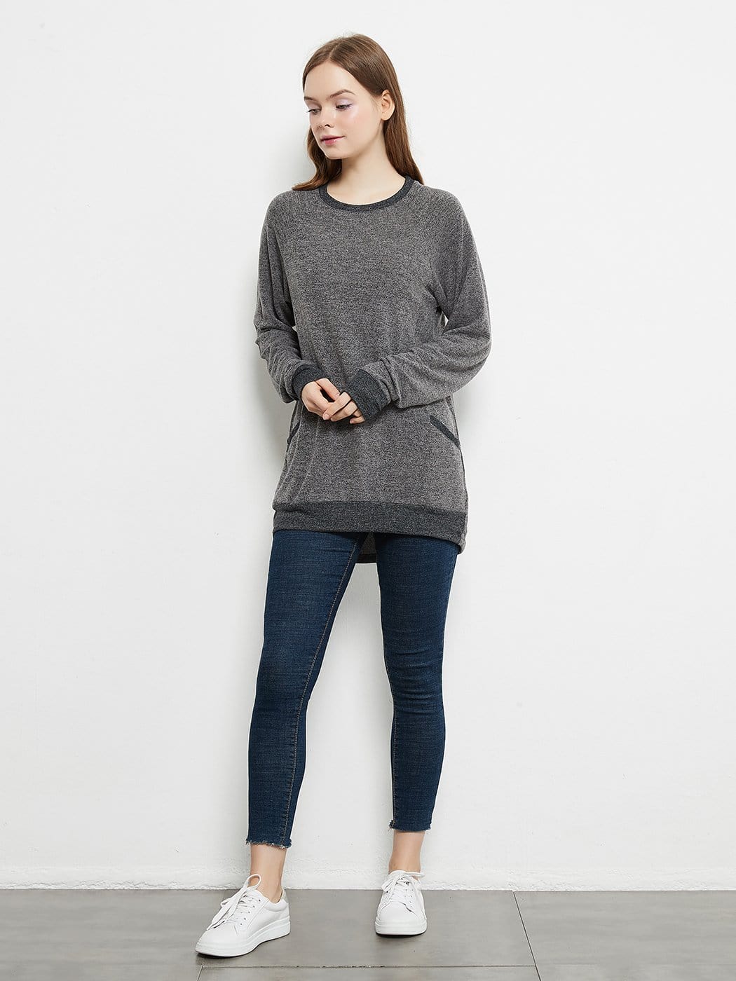 Long Sleeve Round Neck Casual T Shirts Blouses Sweatshirts Tunic Tops with Pocket Anna-Kaci Wholesale