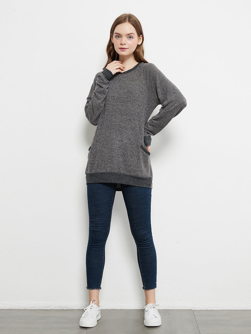 Long Sleeve Round Neck Casual T Shirts Blouses Sweatshirts Tunic Tops with Pocket Anna-Kaci Wholesale