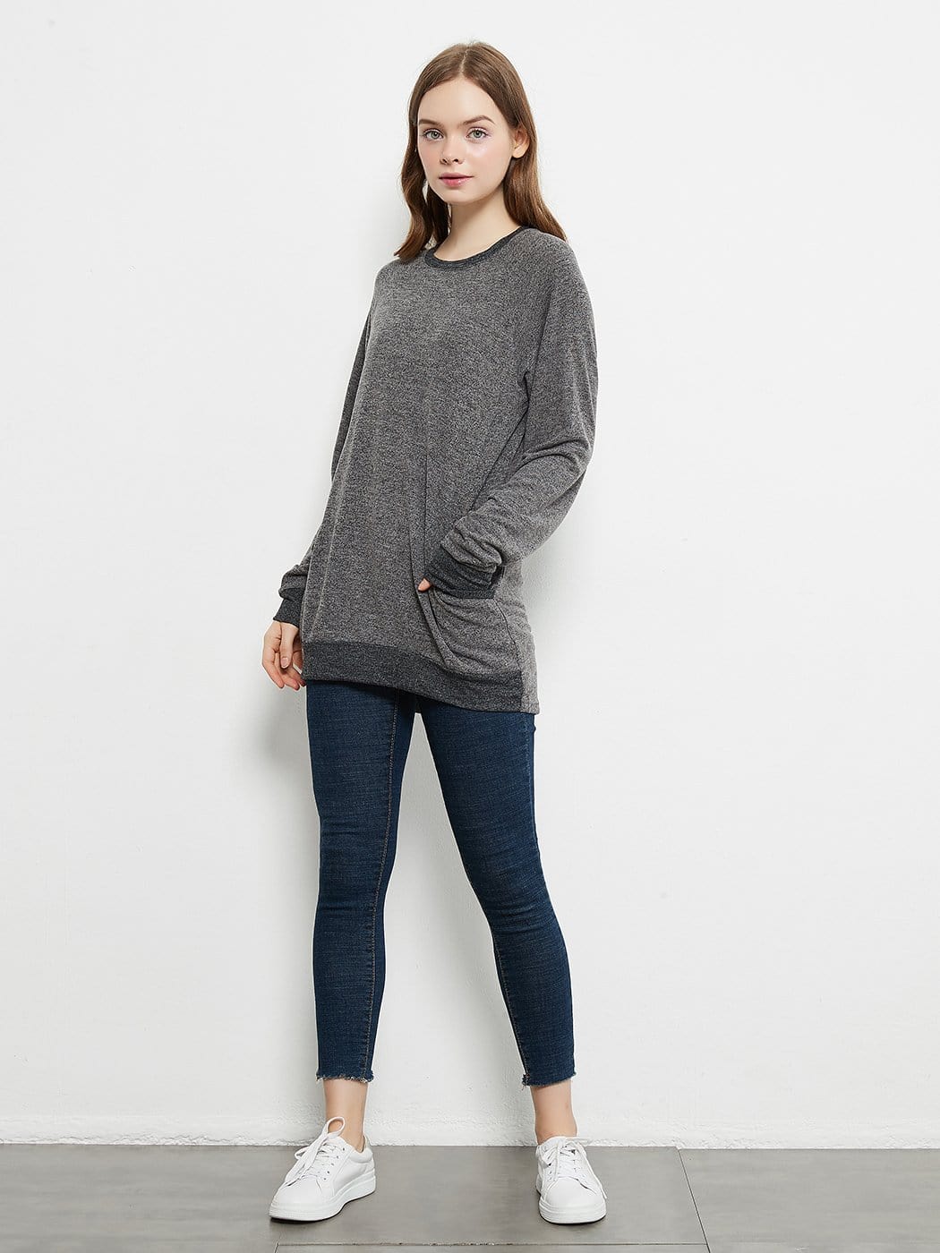 Long Sleeve Round Neck Casual T Shirts Blouses Sweatshirts Tunic Tops with Pocket Anna-Kaci Wholesale