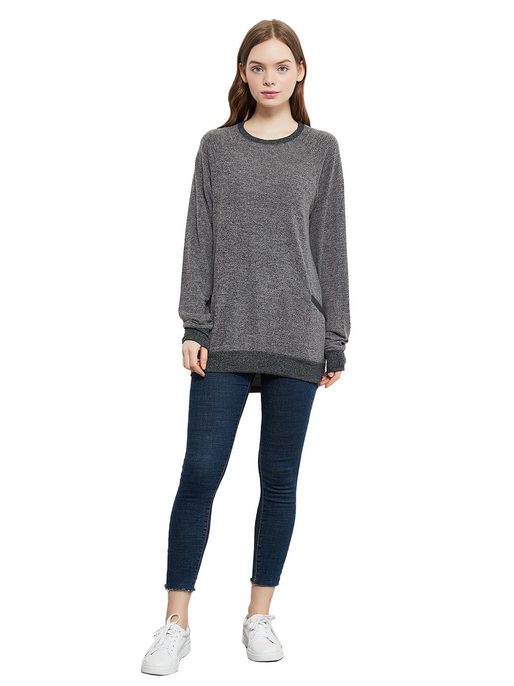 Long Sleeve Round Neck Casual T Shirts Blouses Sweatshirts Tunic Tops with Pocket Anna-Kaci Wholesale