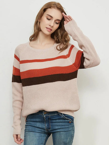 Long Sleeve Color Block Striped Casual Pullover Sweater Anna-Kaci Wholesale