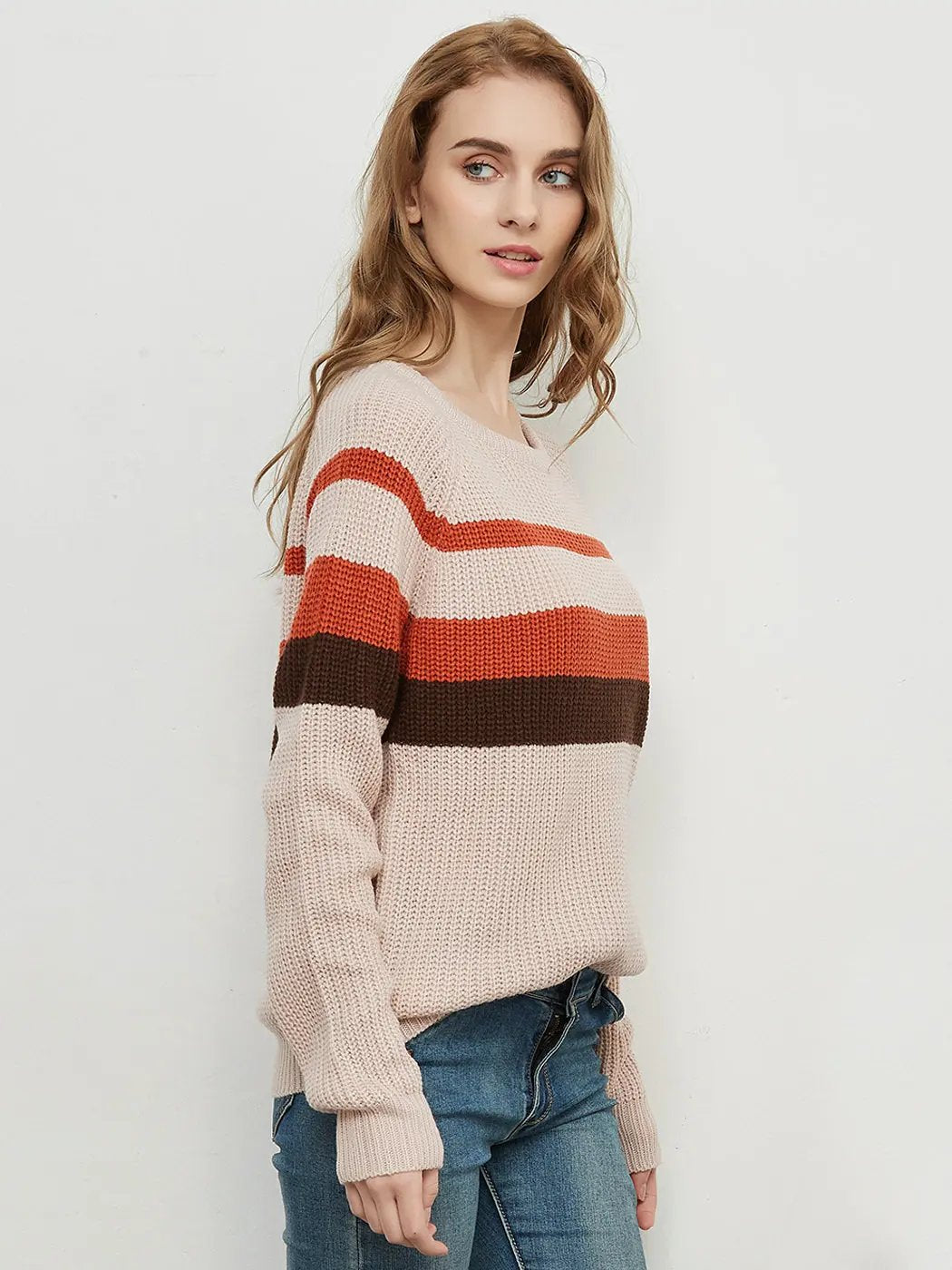 Long Sleeve Color Block Striped Casual Pullover Sweater Anna-Kaci Wholesale