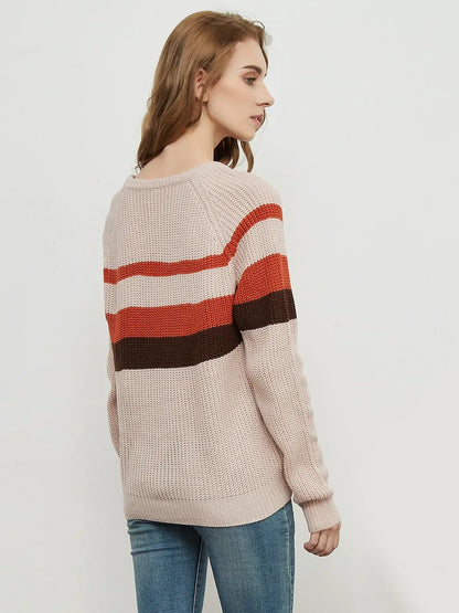 Long Sleeve Color Block Striped Casual Pullover Sweater Anna-Kaci Wholesale