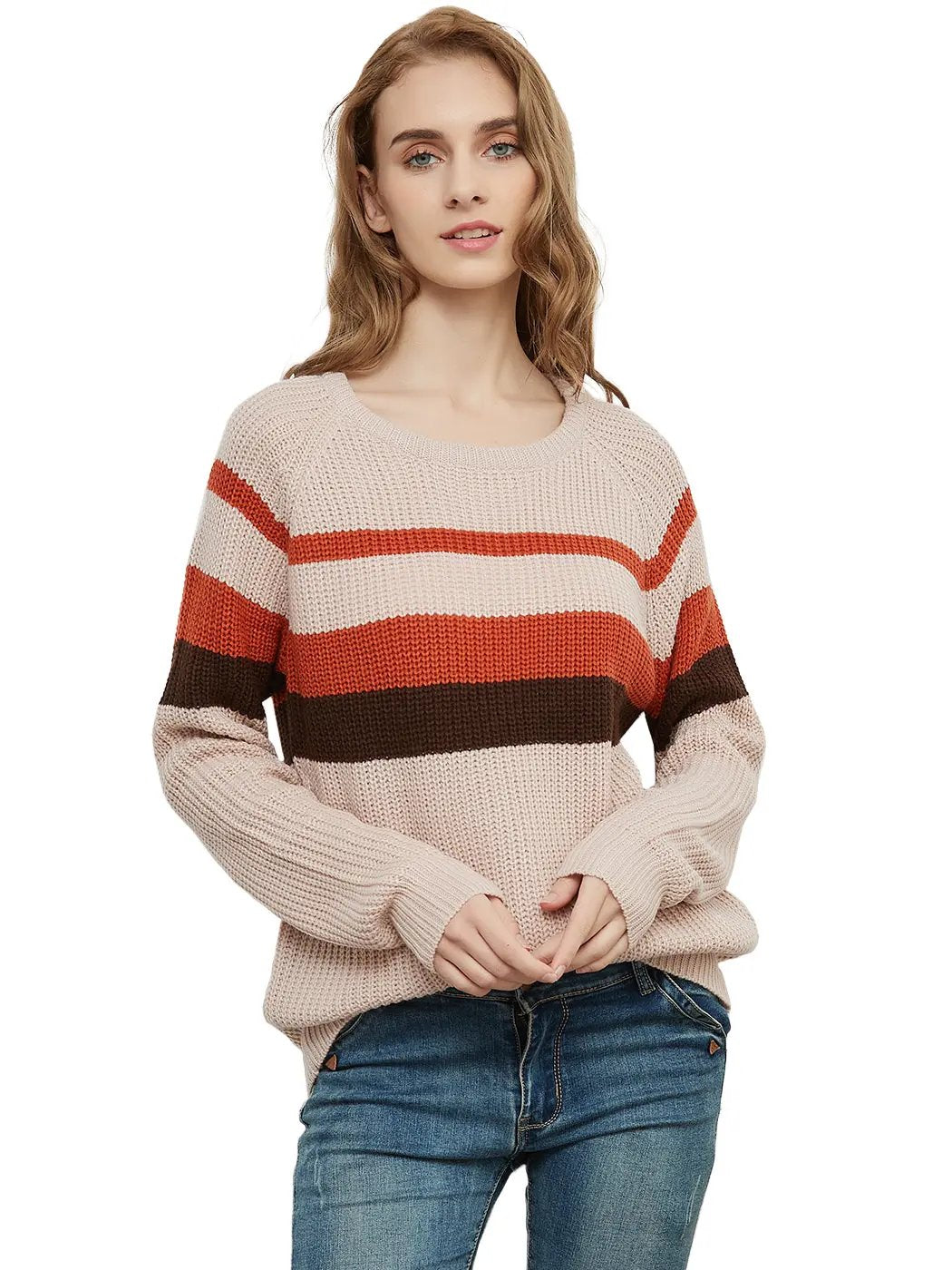 Long Sleeve Color Block Striped Casual Pullover Sweater Anna-Kaci Wholesale