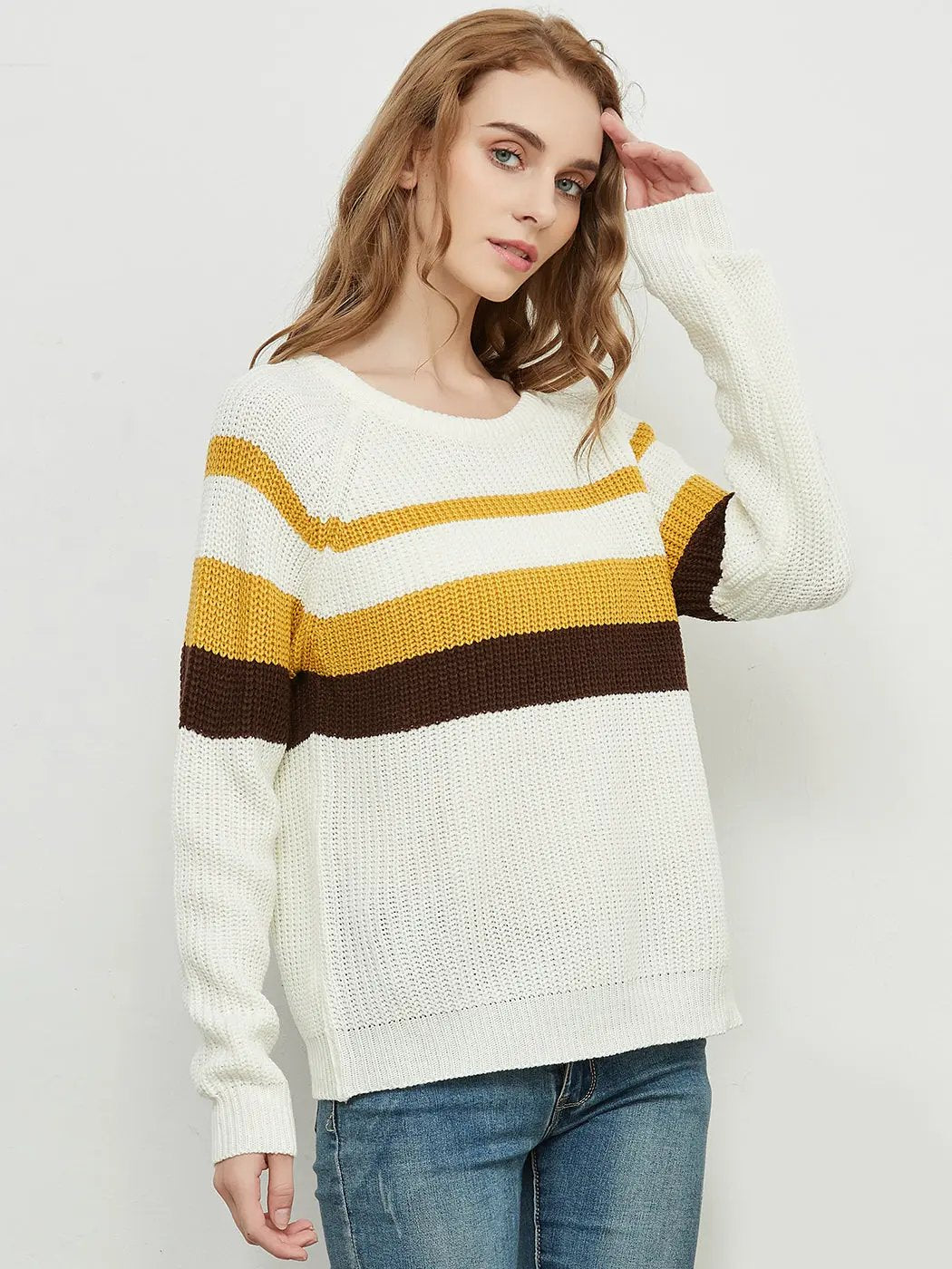 Long Sleeve Color Block Striped Casual Pullover Sweater Anna-Kaci Wholesale