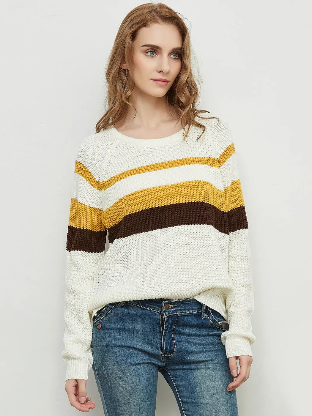 Long Sleeve Color Block Striped Casual Pullover Sweater Anna-Kaci Wholesale