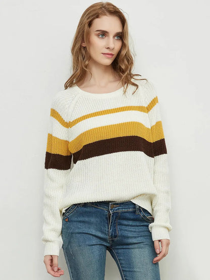 Long Sleeve Color Block Striped Casual Pullover Sweater Anna-Kaci Wholesale