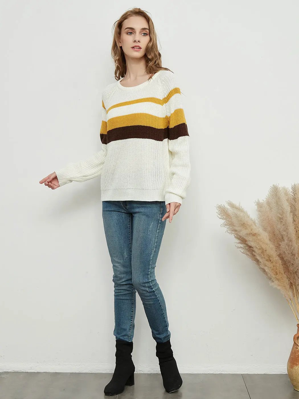 Long Sleeve Color Block Striped Casual Pullover Sweater Anna-Kaci Wholesale