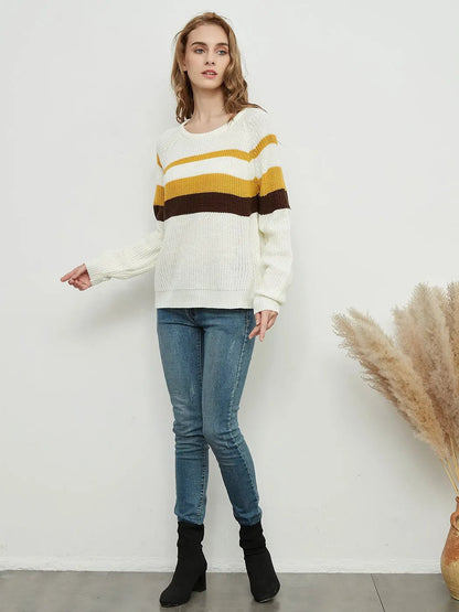Long Sleeve Color Block Striped Casual Pullover Sweater Anna-Kaci Wholesale