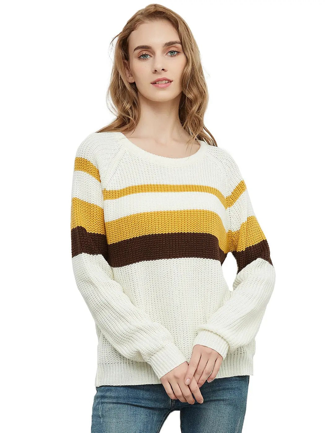 Long Sleeve Color Block Striped Casual Pullover Sweater Anna-Kaci Wholesale
