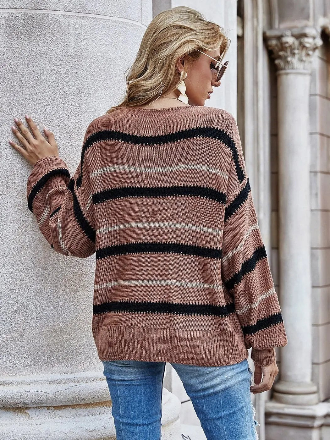 Sweaters Long Sleeve Crew Striped Oversized Knitted Pullover Tops Anna-Kaci Wholesale