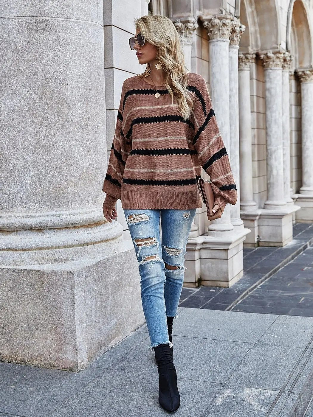 Sweaters Long Sleeve Crew Striped Oversized Knitted Pullover Tops Anna-Kaci Wholesale