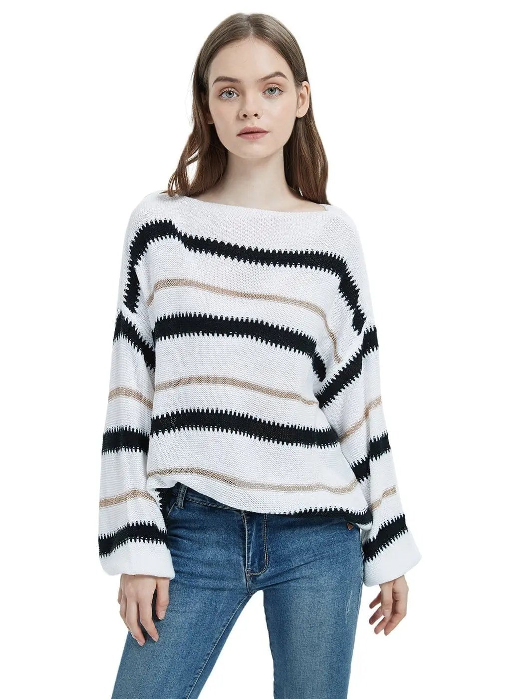 Sweaters Long Sleeve Crew Striped Oversized Knitted Pullover Tops Anna-Kaci Wholesale
