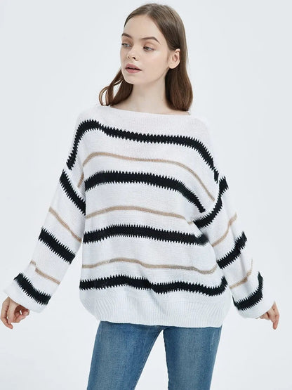 Sweaters Long Sleeve Crew Striped Oversized Knitted Pullover Tops Anna-Kaci Wholesale