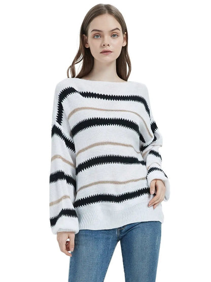 Sweaters Long Sleeve Crew Striped Oversized Knitted Pullover Tops Anna-Kaci Wholesale