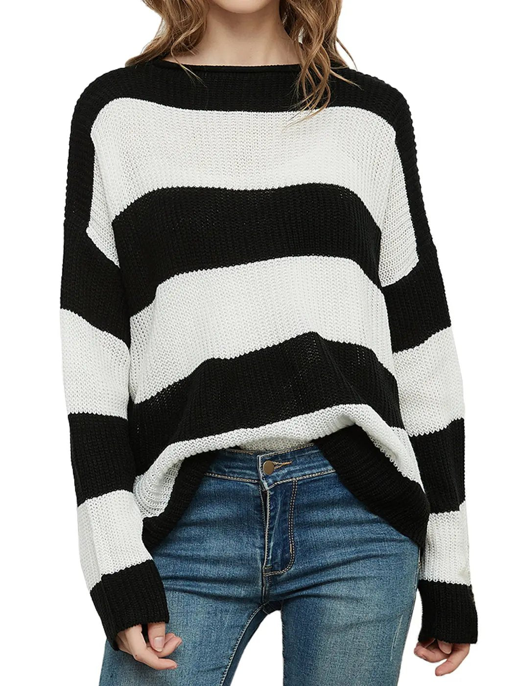 Women Striped Knitted Sweater Crew Neck Long Sleeve Casual Comfy Pullover Tops