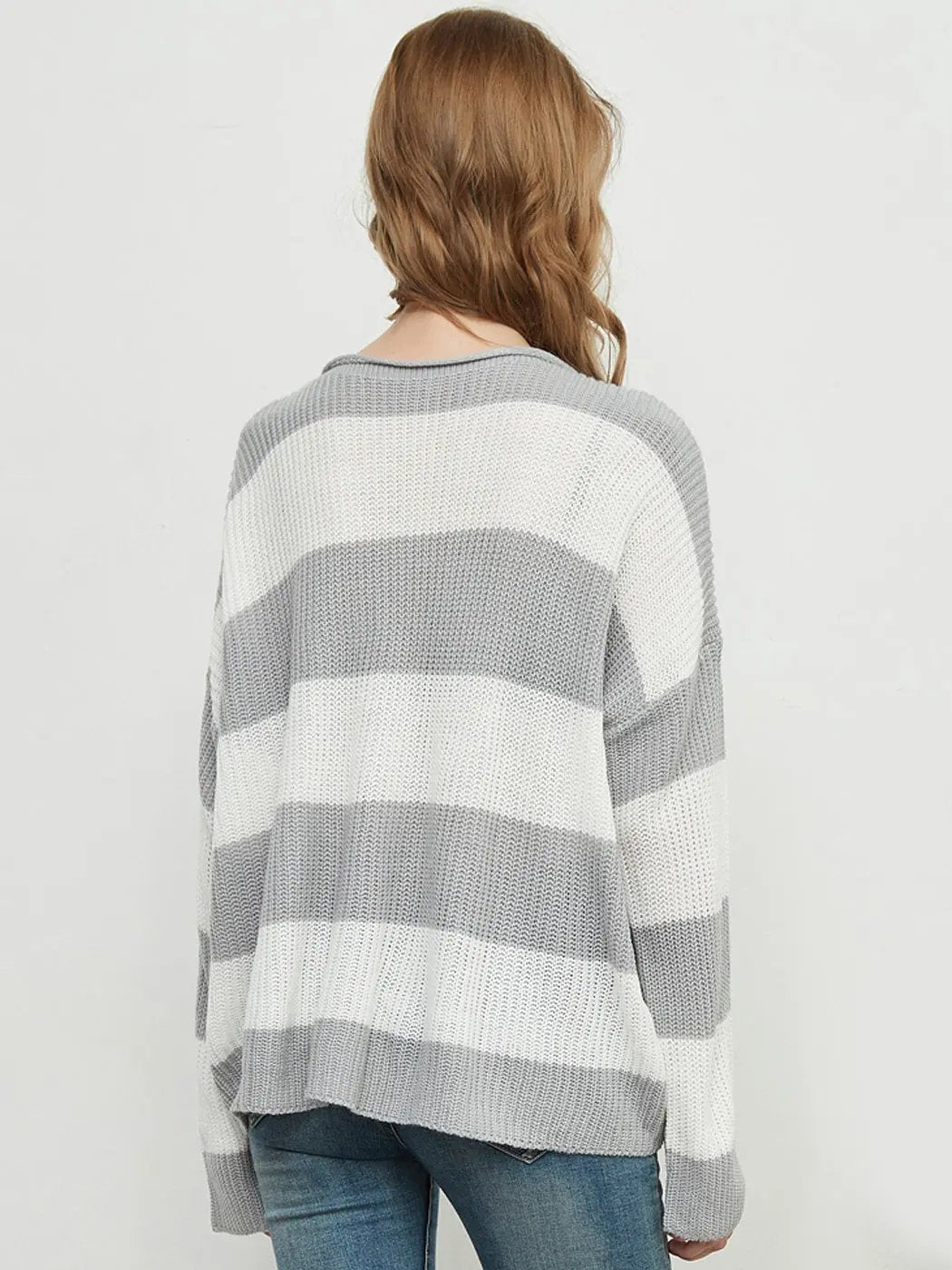 Women Striped Knitted Sweater Crew Neck Long Sleeve Casual Comfy Pullover Tops